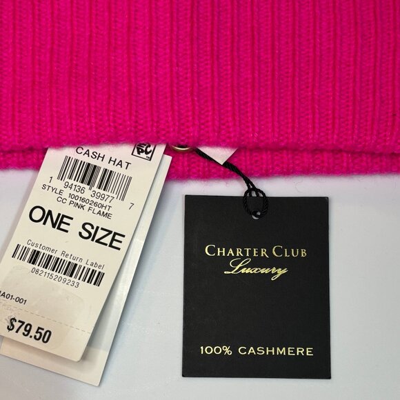NWT Charter Club 100% Cashmere Cuffed Beanie - Pink Flame OS - Picture 4 of 5